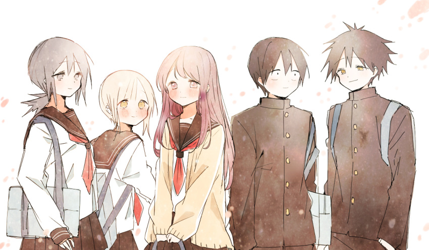 2boys, 3girls, arms_at_sides, backpack, bag, black_hair, black_jacket, black_pants