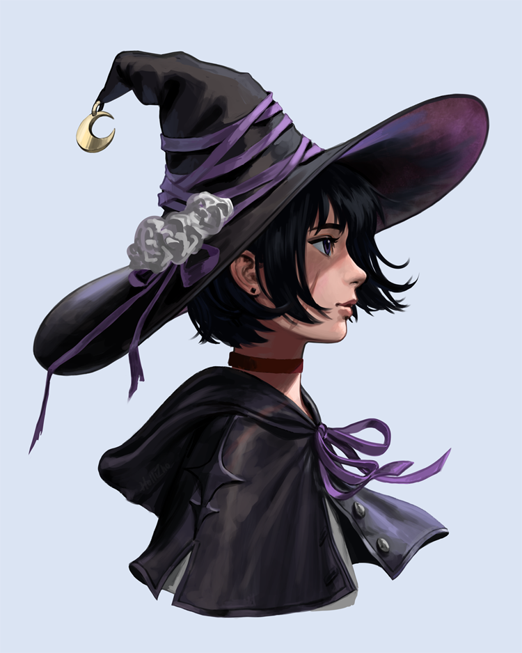 cape, choker, crescent, earrings, flower, hat, hollizho, jewelry, original, purple_ribbon, red_choker, ribbon, scar, short_hair, white_flower, witch, witch_hat