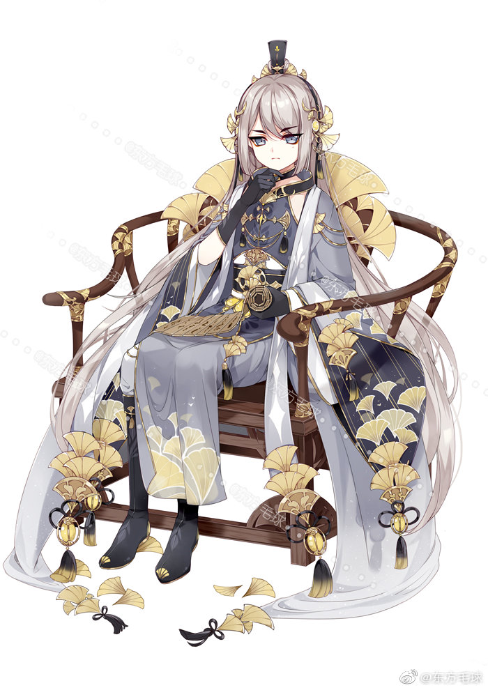1boy, androgynous, armchair, bamboo_scroll, black_footwear, black_gloves, black_sash, blue_eyes