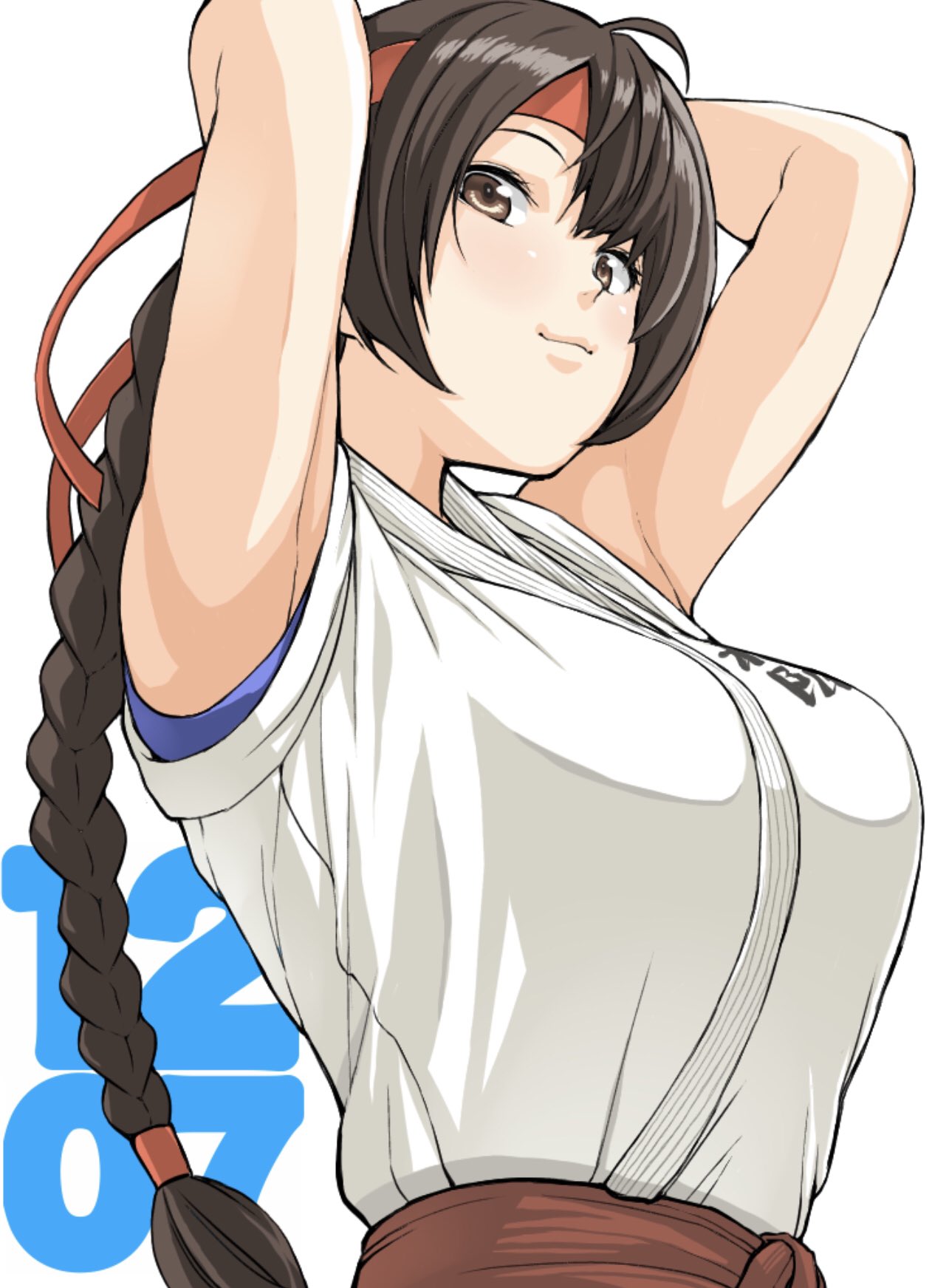 1girl, braid, braided_ponytail, breasts, brown_eyes, brown_hair, chiyou_yoyuchi, closed_mouth, dated, dougi, headband, highres, large_breasts, long_hair, looking_at_viewer, ryuuko_no_ken, simple_background, single_braid, smile, solo, the_king_of_fighters, white_background, yuri_sakazaki