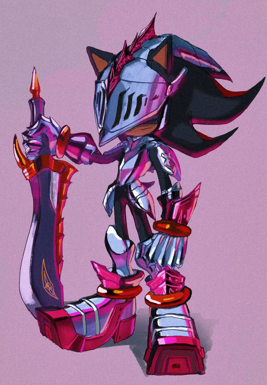 1boy, armor, armored_boots, black_fur, boots, breastplate, clenched_hand, furry
