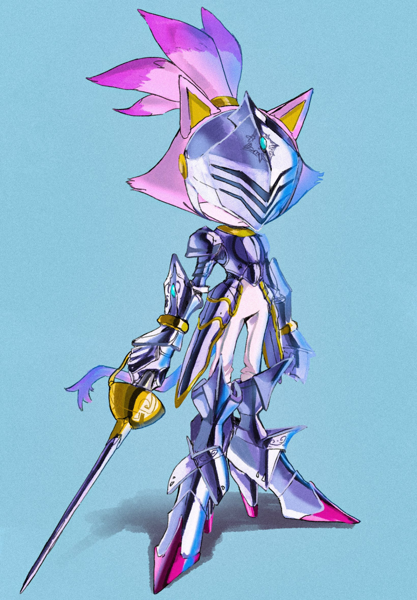 1girl, animal_ears, armor, armored_boots, blaze_the_cat, blue_background, boots, breastplate, cat_ears, cat_girl, cat_tail, furry, furry_female, gauntlets, high_heels, highres, holding, holding_weapon, mochi_paya, pants, ponytail, purple_fur, sir_percival_(sonic), sonic_(series), sonic_and_the_black_knight, tail, visor_(armor), weapon, white_pants
