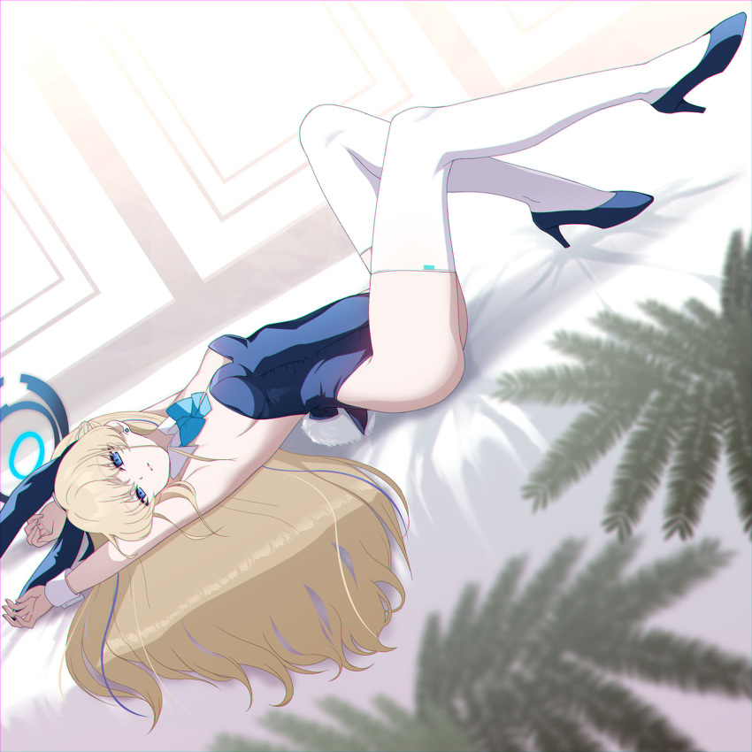 1girl, animal_ears, aqua_bow, aqua_bowtie, armpits, black_hairband, blonde_hair, blue_archive