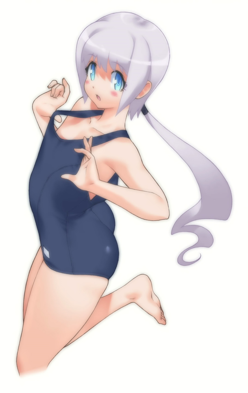 feet, flat_chest, hands, highres, konami, long_hair, official_art, one-piece_swimsuit