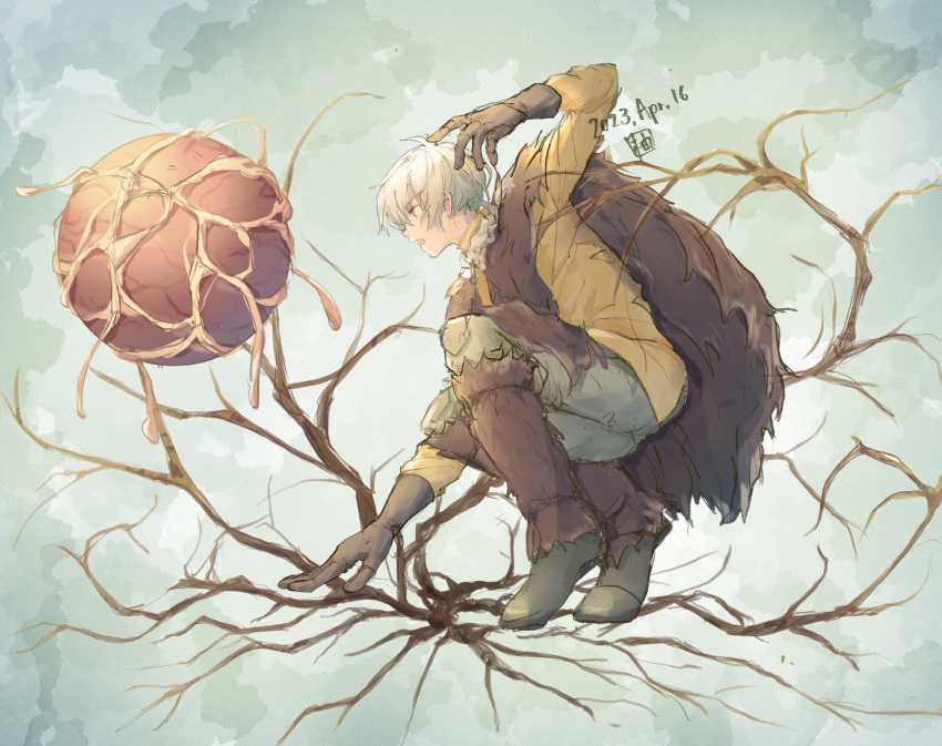 1boy, androgynous, battle, black_footwear, black_gloves, cloak, creature, dated, full_body, fumetsu_no_anata_e, fushi, gloves, grey_hair, hand_up, highres, leg_warmers, looking_at_another, male_focus, nokkers_(fumetsu_no_anata_e), open_mouth, orb, pelt, ponytail, profile, roots, shirt, shoes, short_hair, squatting, yellow_shirt, yuzuka-53