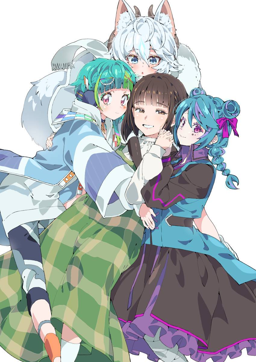 4girls, absurdres, akine_emi, animal_ear_fluff, animal_ears, black_dress, blue_eyes, blue_hair