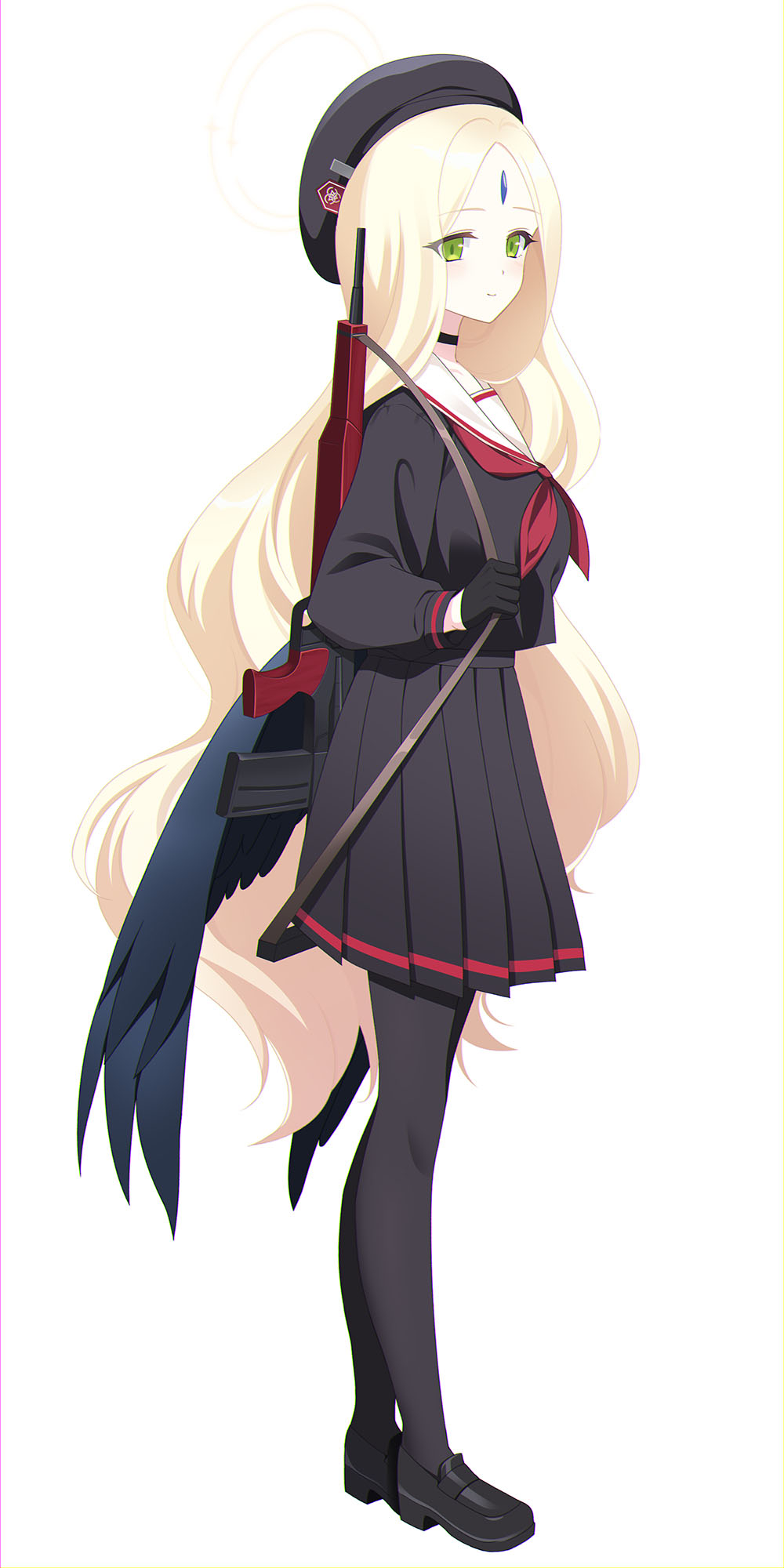 1girl, :d, adapted_costume, assault_rifle, ayumu_(blue_archive), black_choker, black_footwear, black_gloves