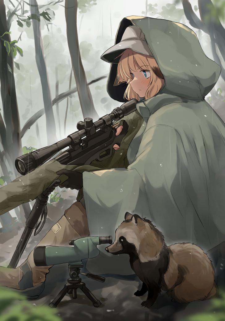 1girl, animal, animal_ears, batta_(kanzume_quality), blonde_hair, blue_eyes, boots, forest, fox_ears, fox_girl, gun, hat, kitsune_no_oyome-chan, nature, rain, raincoat, rifle, sniper_rifle, spotter_scope, water_drop, weapon