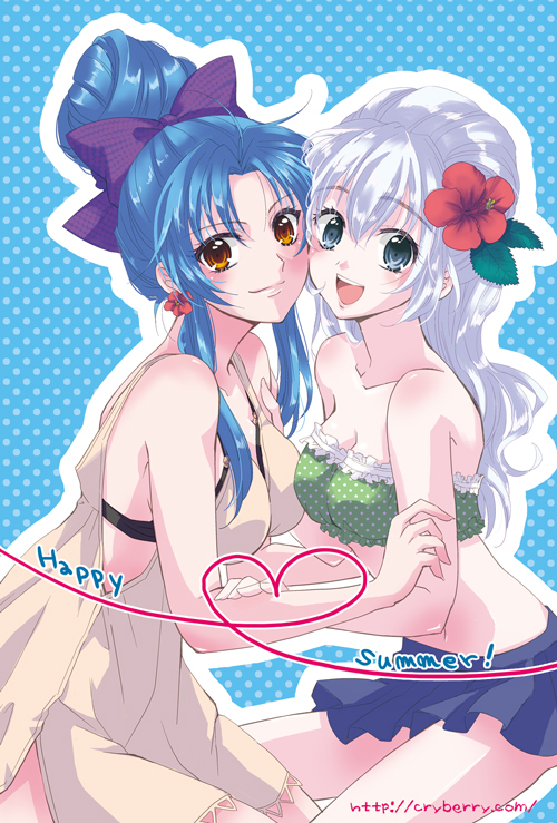 bare_shoulders, blue_eyes, blue_hair, bow, brown_eyes, chidori_kaname, flower, full_metal_panic!