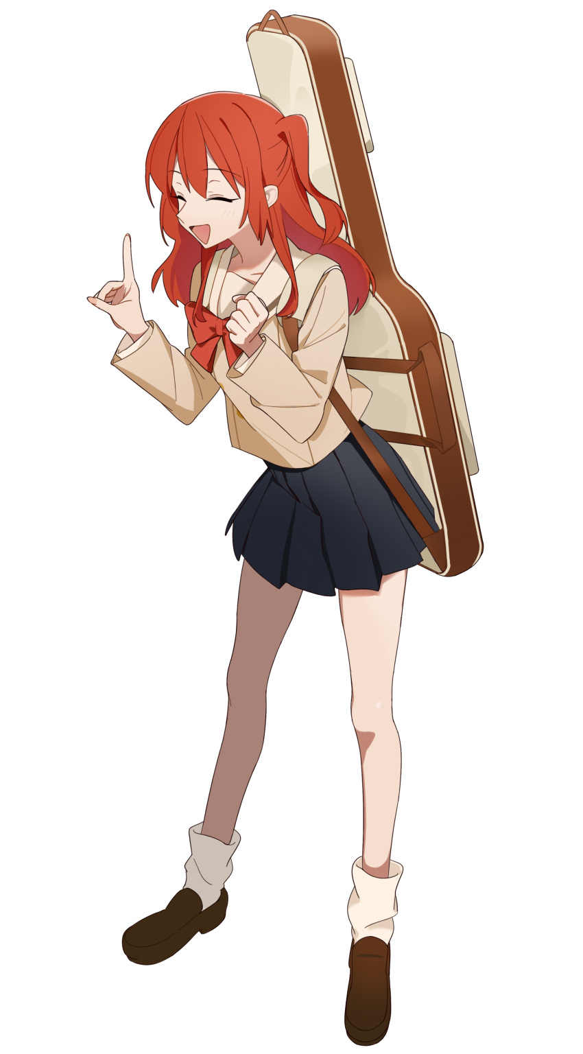 1girl, absurdres, apaapazo, black_skirt, blush, bocchi_the_rock!, bow, brown_cardigan, brown_footwear, cardigan, clenched_hand, closed_eyes, full_body, guitar_case, hair_between_eyes, highres, instrument_case, kita_ikuyo, loafers, long_hair, long_sleeves, loose_socks, one_side_up, open_mouth, pleated_skirt, pointing, pointing_up, red_bow, school_uniform, shoes, shuka_high_school_uniform, sidelocks, skirt, socks, solo, white_background, white_socks