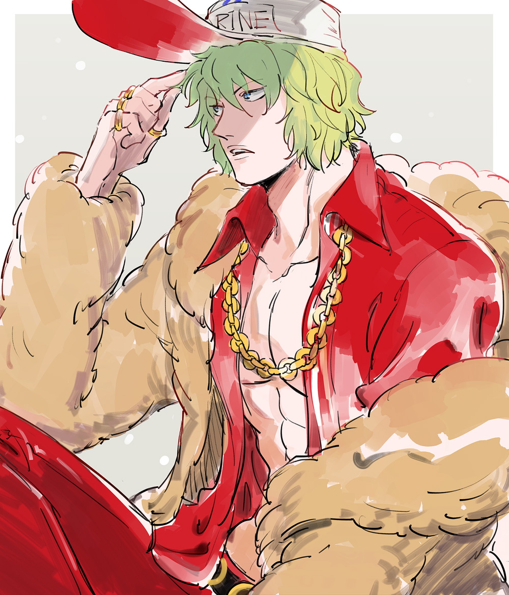1boy, coat, fur_coat, green_hair, hat, jewelry, male_focus, mocchi_(mkz)