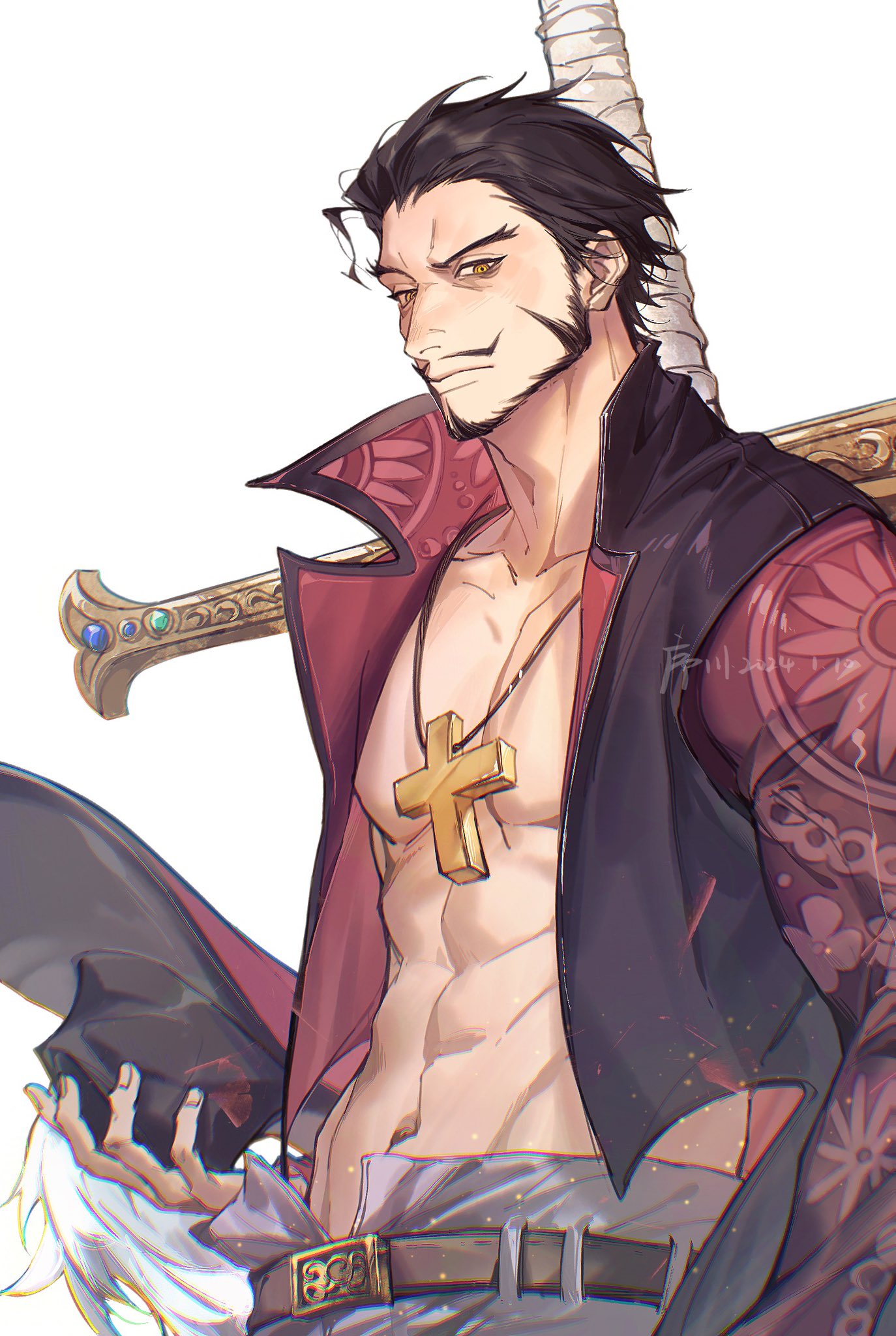 1boy, black_hair, cross, cross_necklace, cross_pendant, dracule_mihawk, facial_hair, hair_slicked_back