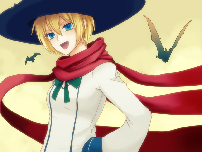 bat, blonde_hair, blue_eyes, co10rs, fang, hat, ichiban_ushiro_no_daimaou, lily_shiraishi, scarf, school_uniform, shiraishi_lily, witch_hat, yurari_(co10rs)