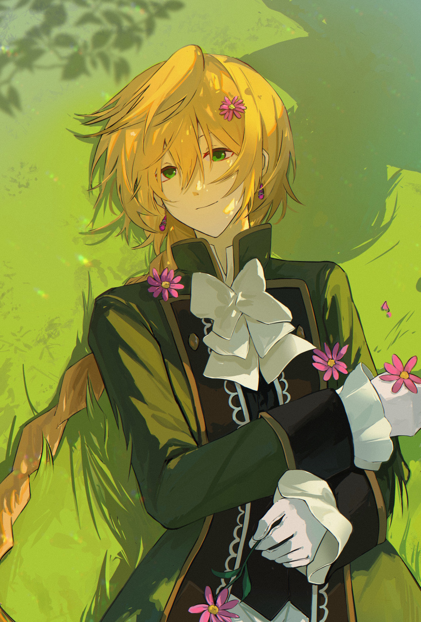 1boy, absurdres, black_vest, blonde_hair, braid, coat, daisy, earrings
