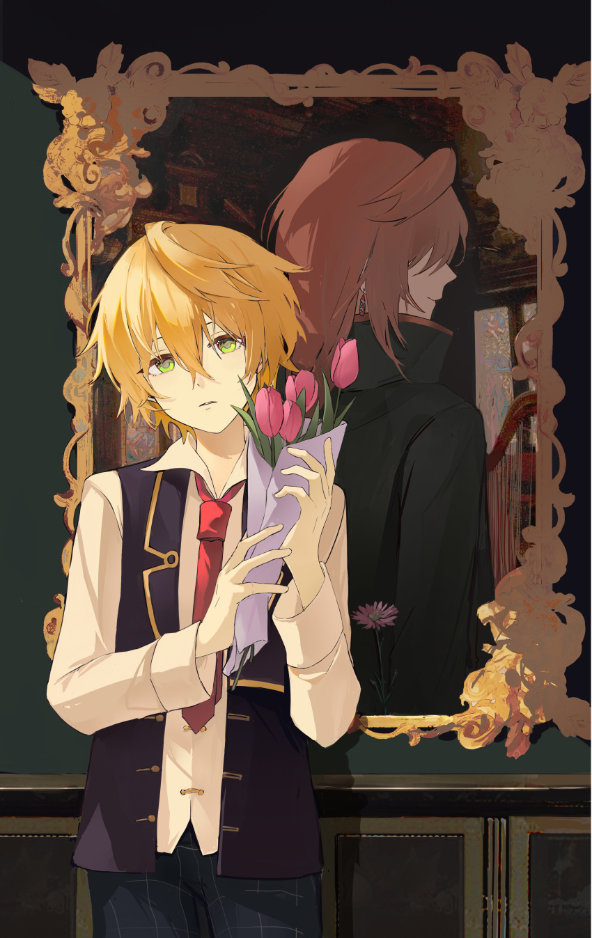 2boys, absurdres, black_coat, black_vest, blonde_hair, coat, different_reflection, flower