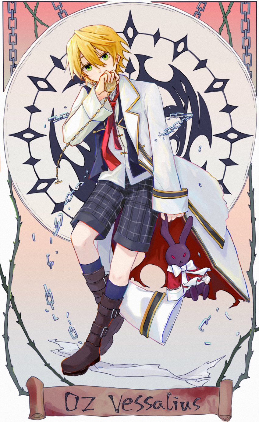 1boy, absurdres, b-rabbit, black_vest, blonde_hair, character_name, checkered_shorts, coat