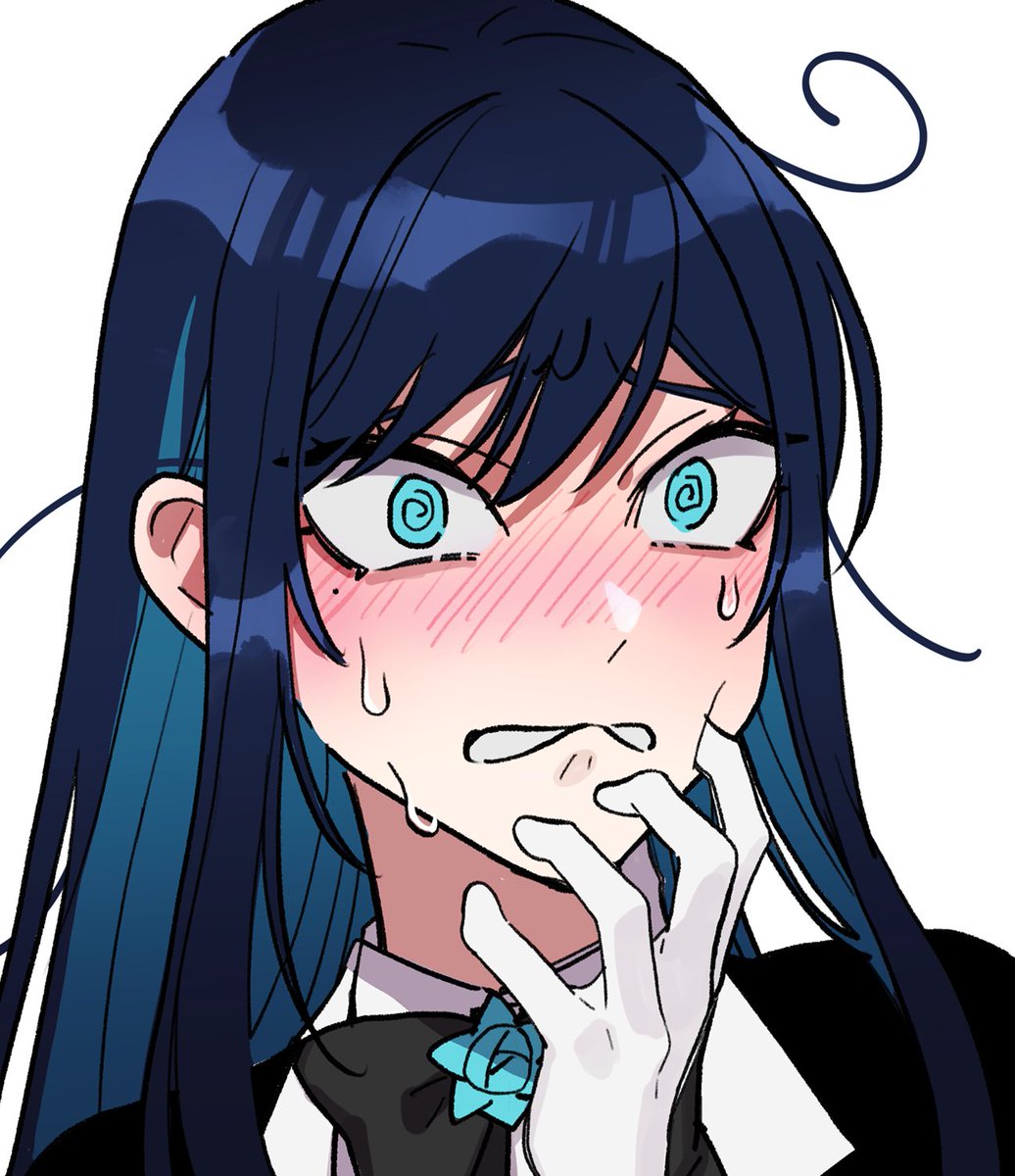 1girl, @_@, ado_(utaite), biting_own_lip, black_bow, black_bowtie, black_jacket, blue_eyes