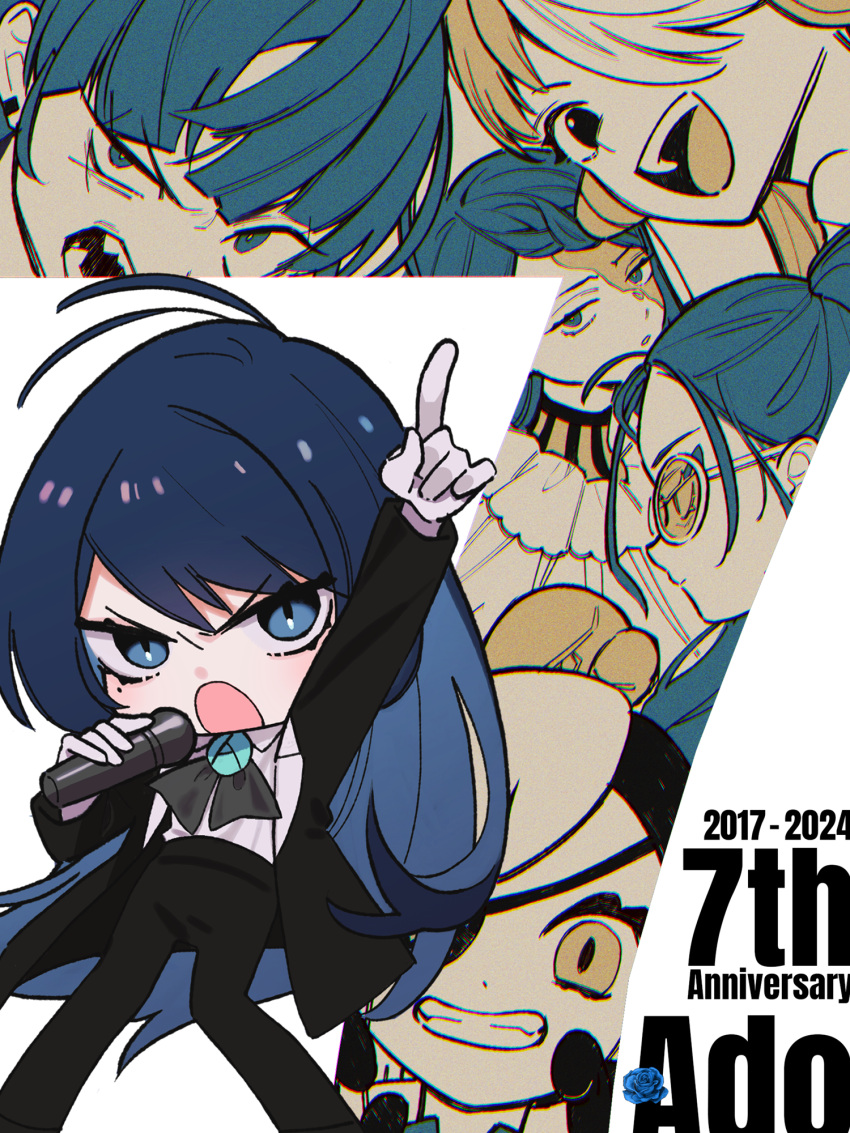 6+girls, ado_(utaite), anniversary, black_coat, black_pants, blue_eyes, blue_hair, boxing_gloves