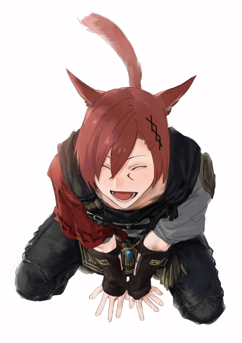 1boy, ^_^, animal_ears, arms_between_legs, black_pants, black_scarf, brown_gloves, cat_boy
