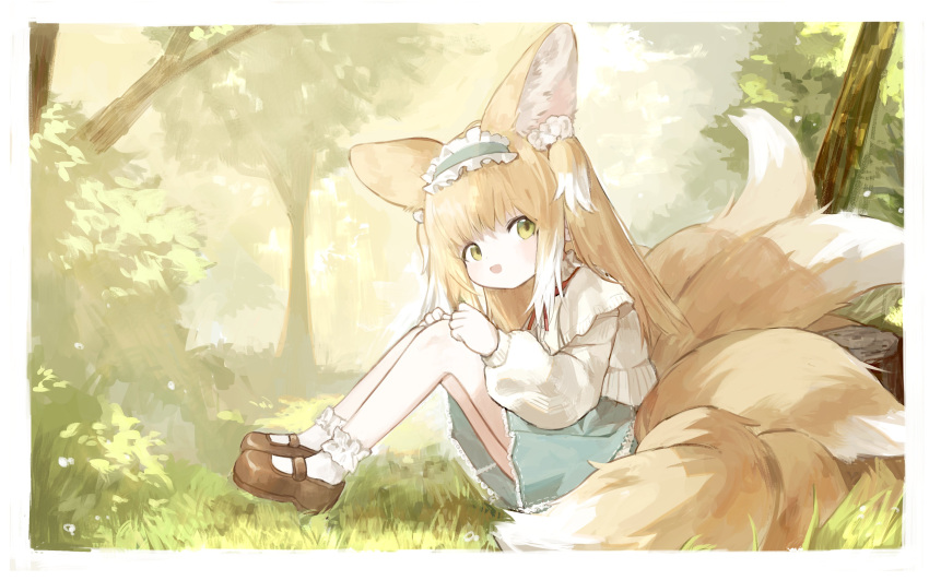 1girl, absurdres, animal_ears, arknights, blonde_hair, blue_hairband, blue_skirt, bobby_socks
