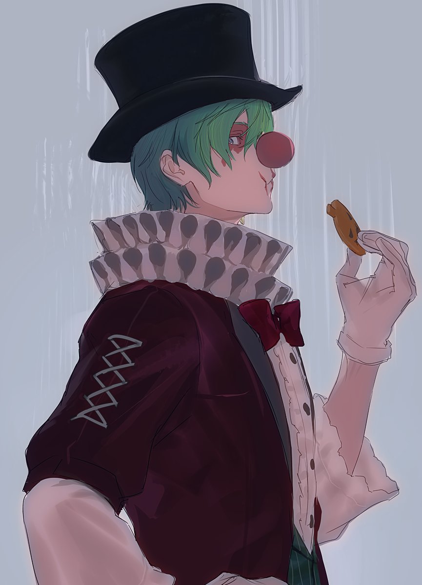 1boy, :t, black_headwear, blue_eyes, bow, bowtie, buttons, chewing