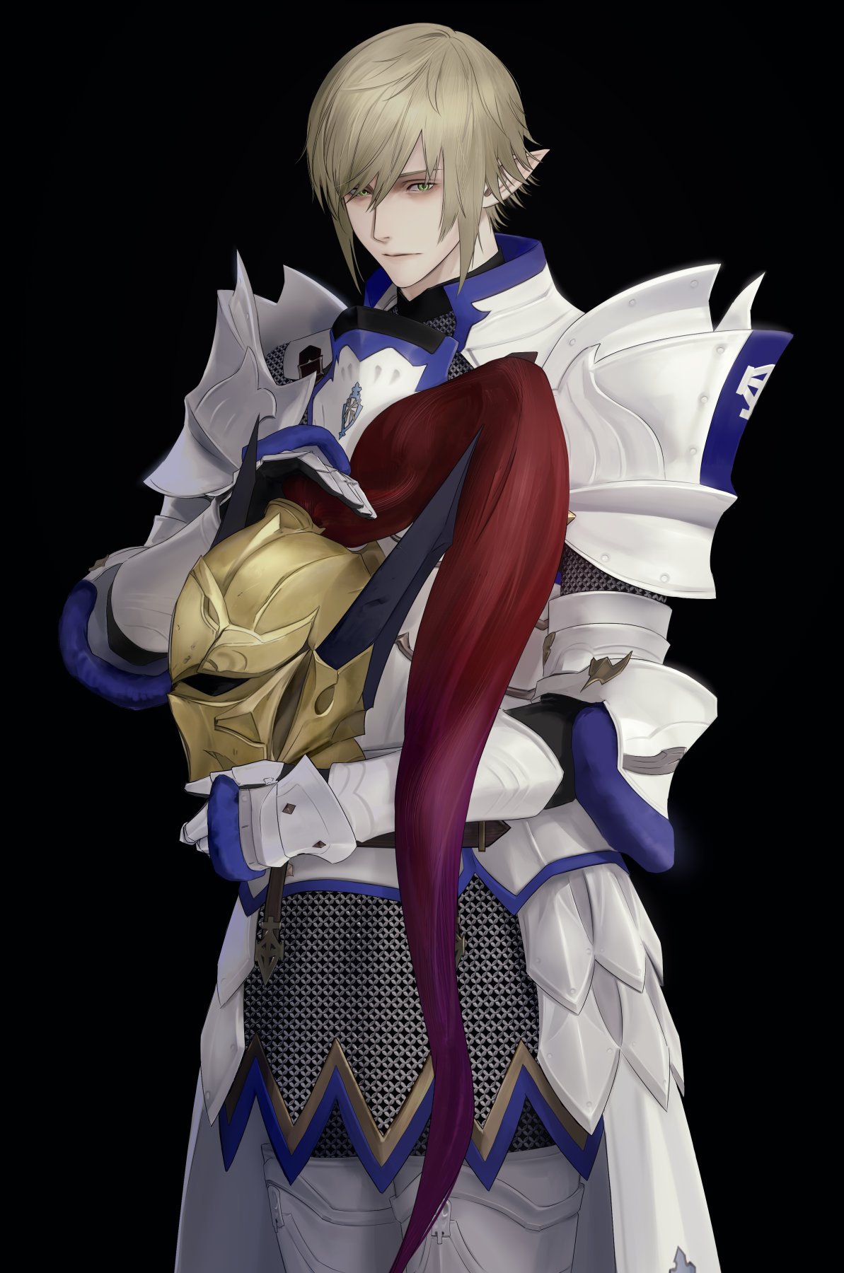 1boy, armor, black_background, blonde_hair, breastplate, chainmail, commentary, cowboy_shot