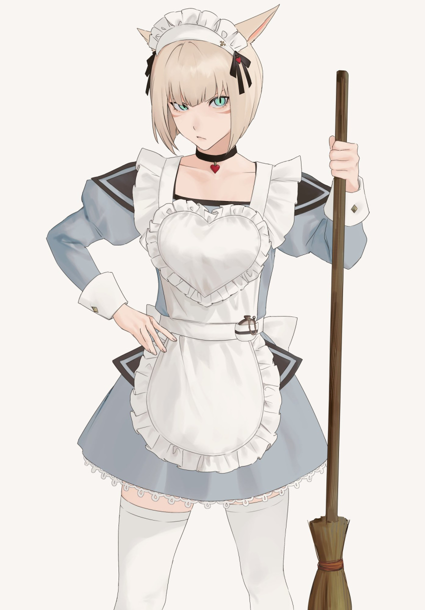 1girl, animal_ears, apron, aqua_eyes, black_choker, blonde_hair, blue_dress, blunt_bangs