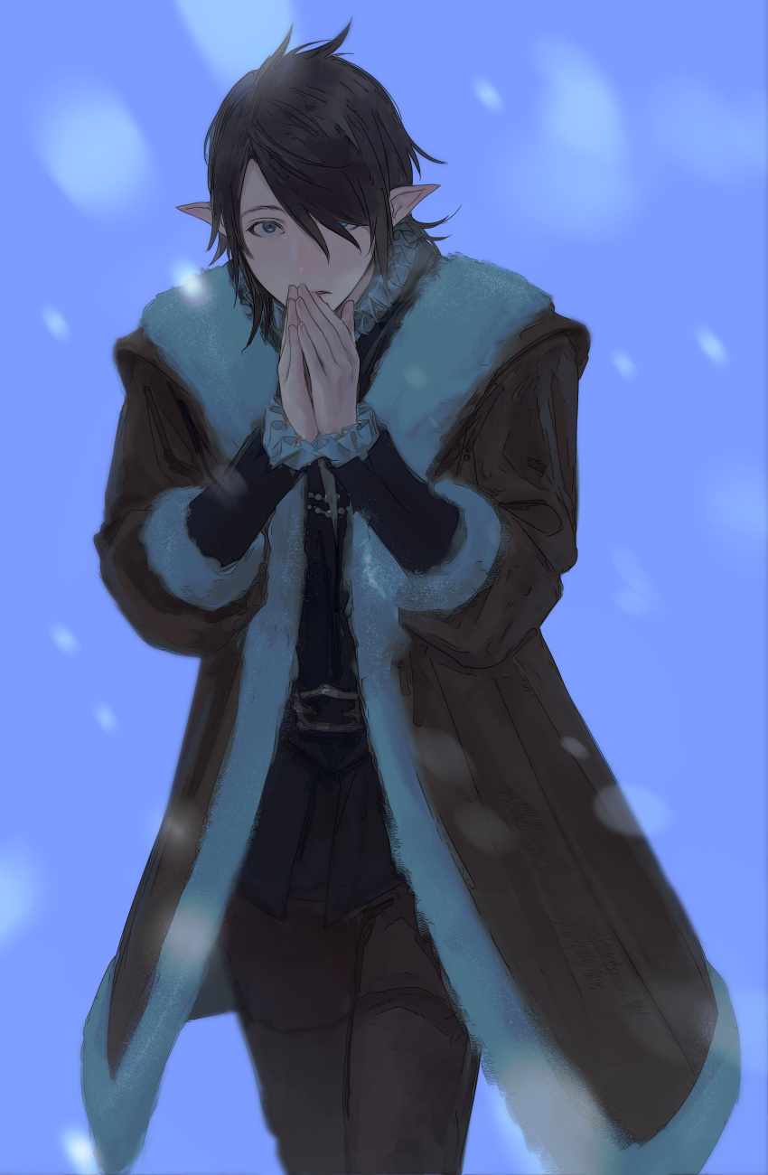 1boy, absurdres, androgynous, belt, black_hair, black_jacket, blue_eyes, brown_coat