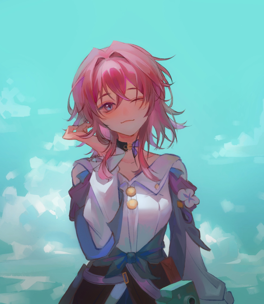 1girl, asisama, black_choker, black_corset, blue_eyes, blue_jacket, blue_sky, breasts