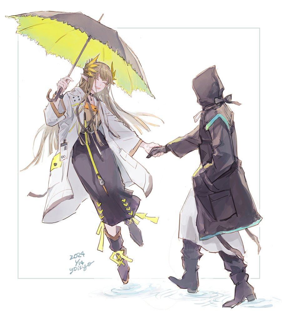 1girl, 1other, :d, ^_^, ambiguous_gender, arknights, artist_name, black_choker