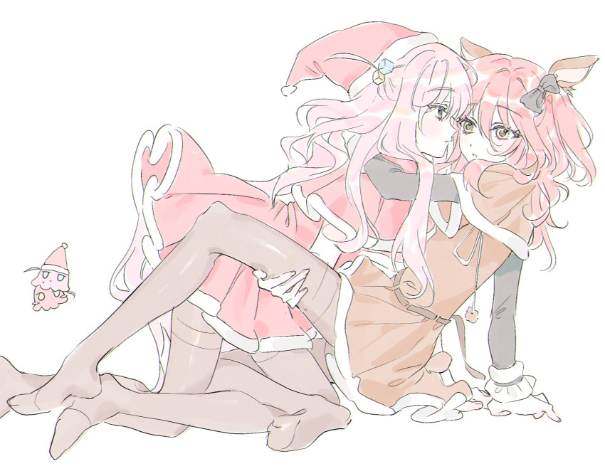 2girls, animal_ears, arm_around_neck, arm_support, barefoot, bccommi, black_bow, black_pantyhose, blush, bocchi_the_rock!, bow, capelet, christmas, commentary, couple, cube_hair_ornament, dress, english_commentary, eye_contact, fake_animal_ears, full_body, fur-trimmed_capelet, fur-trimmed_dress, fur_trim, gotoh_hitori, gotoh_hitori_(octopus), green_eyes, hair_between_eyes, hair_bow, hair_ornament, hat, highres, kita_ikuyo, long_hair, long_sleeves, looking_at_another, multiple_girls, one_side_up, open_mouth, pantyhose, pink_hair, red_capelet, red_dress, red_headwear, redhead, santa_hat, sidelocks, simple_background, thighband_pantyhose, white_background, yuri