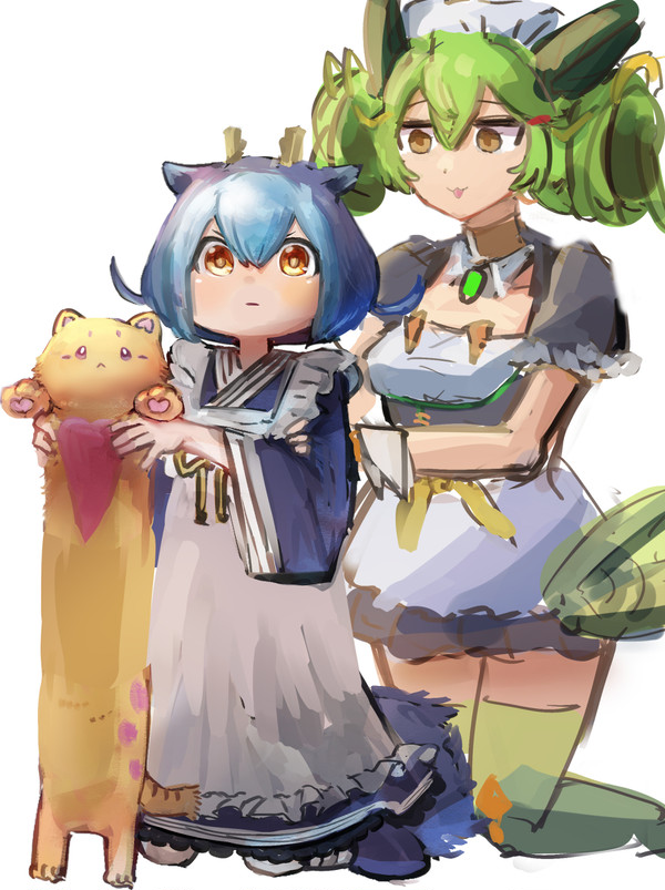 2girls, :<, animal, apron, blue_hair, cat, closed_mouth, commentary, dragon_girl, dress, duel_monster, feet_out_of_frame, frilled_apron, frills, full_body, green_hair, green_thighhighs, hair_between_eyes, hatano_kiyoshi, heart, holding, holding_animal, holding_cat, horns, kneeling, laundry_dragonmaid, long_sleeves, longcat_(meme), looking_at_viewer, maid, md5_mismatch, melffy_catty, meme, multicolored_hair, multiple_girls, parlor_dragonmaid, puffy_short_sleeves, puffy_sleeves, short_hair, short_sleeves, simple_background, tail, thigh-highs, tongue, tongue_out, two-tone_hair, v-shaped_eyebrows, white_background, wide_sleeves, yellow_eyes, yu-gi-oh!