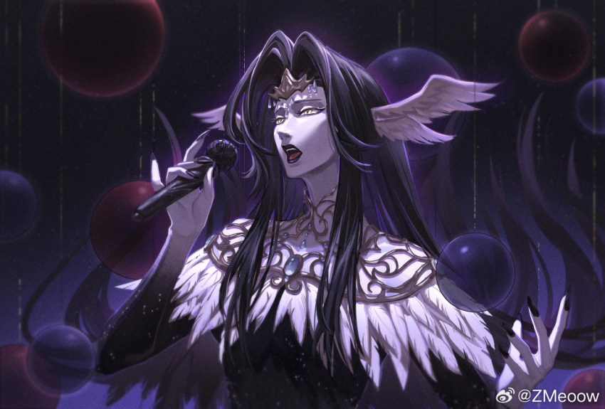 1girl, alternate_form, bird_wings, black_background, black_hair, black_lips, black_nails, capelet, circlet, colored_skin, feather-trimmed_capelet, feather_trim, feathered_wings, film_grain, final_fantasy, final_fantasy_xiv, fingernails, floating_hair, hair_intakes, head_wings, holding, holding_microphone, long_hair, looking_ahead, microphone, multiple_wings, music, open_mouth, orb, sharp_fingernails, singing, slit_pupils, solo, the_endsinger, upper_body, weibo_logo, weibo_username, white_capelet, white_skin, wings, yellow_eyes, zmeoow