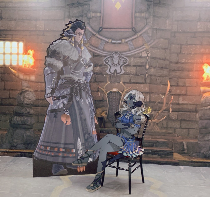 1boy, 1girl, armlet, au_ra, bare_shoulders, blue_eyes, blue_shirt, blue_skirt