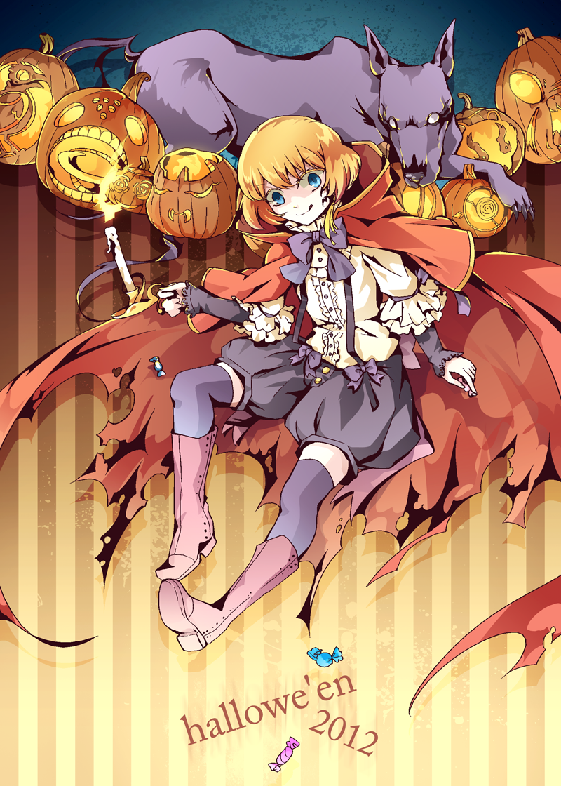 1girl, :q, blonde_hair, blue_eyes, boots, bow, bowtie, candle