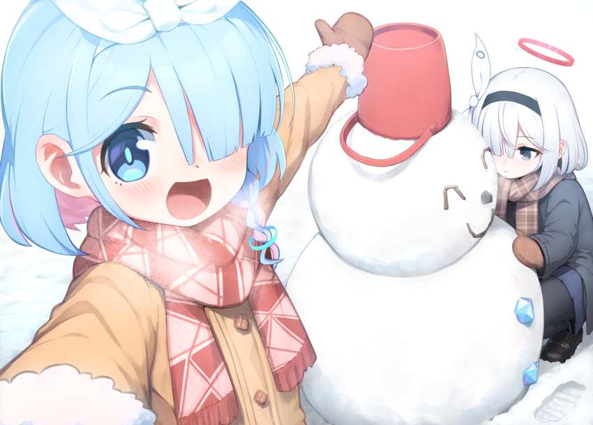 2girls, alternate_costume, arona_(blue_archive), black_eyes, black_hairband, black_jacket, blue_archive, blue_eyes, blue_hair, blue_pupils, braid, brown_jacket, brown_mittens, brown_scarf, closed_mouth, colored_inner_hair, commentary_request, doodle_sensei_(blue_archive), hair_over_one_eye, hair_ribbon, hairband, halo, highres, hudeako, jacket, light_blue_hair, long_bangs, long_sleeves, looking_at_viewer, mittens, multicolored_hair, multiple_girls, open_mouth, pink_hair, pink_halo, plaid, plaid_scarf, plana_(blue_archive), puffy_long_sleeves, puffy_sleeves, pyroxene_(blue_archive), red_pupils, red_scarf, revision, ribbon, scarf, sensei_(blue_archive), side_braid, single_braid, snowman, two-tone_hair, white_ribbon
