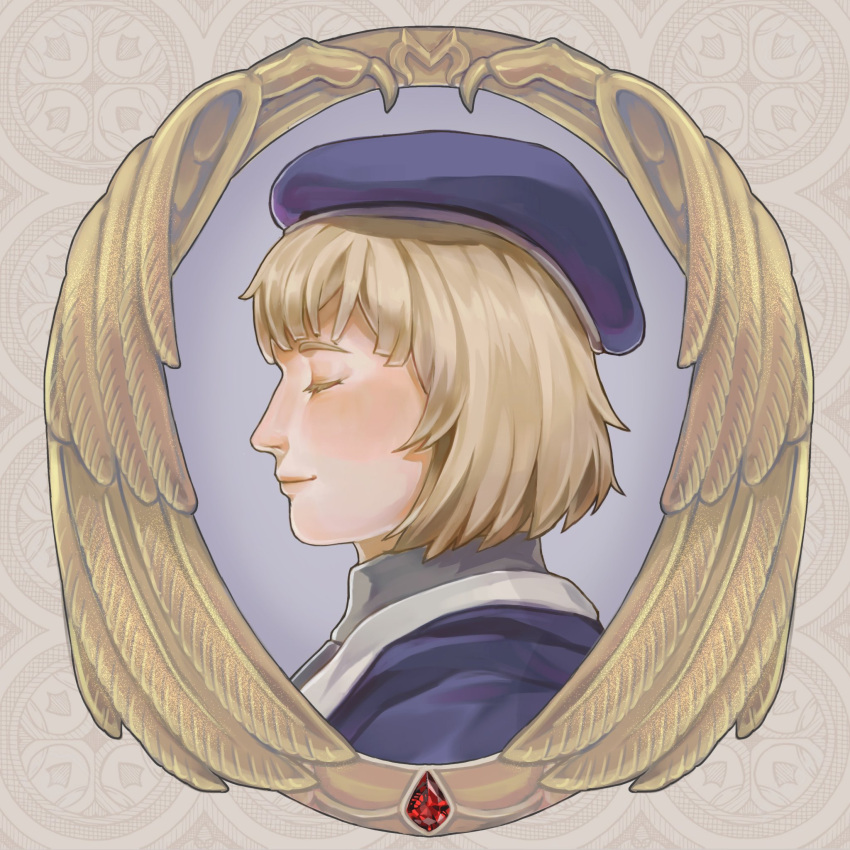 1girl, blonde_hair, blue_background, blue_headwear, blue_jacket, bob_cut, border, closed_eyes