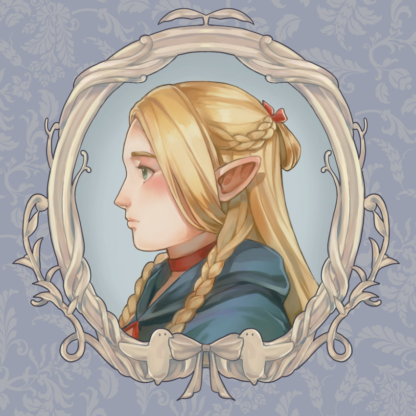 1girl, bird, blonde_hair, blue_background, blue_capelet, border, braid, capelet