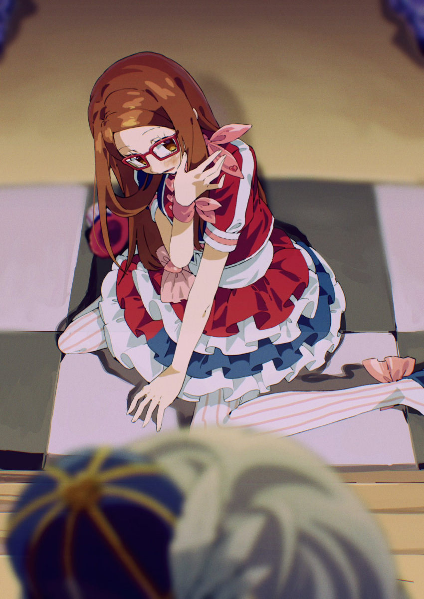 2girls, akai_meganee, between_legs, blurry, blurry_foreground, brown_eyes, brown_hair, bruise