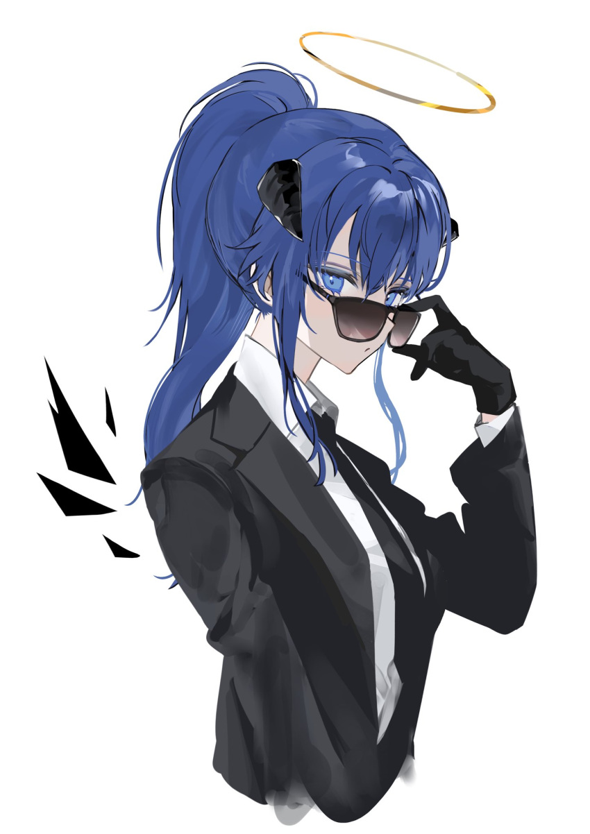 1girl, adjusting_eyewear, alternate_costume, ark_mmmm, arknights, black-framed_eyewear, black_gloves, black_horns