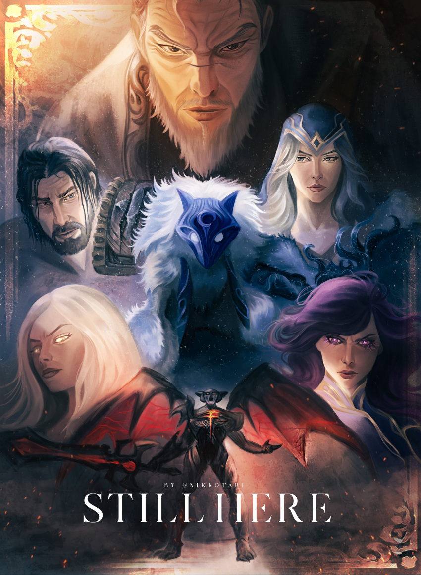 3boys, 4girls, aatrox, absurdres, artist_name, ashe_(league_of_legends), beard, black_hair