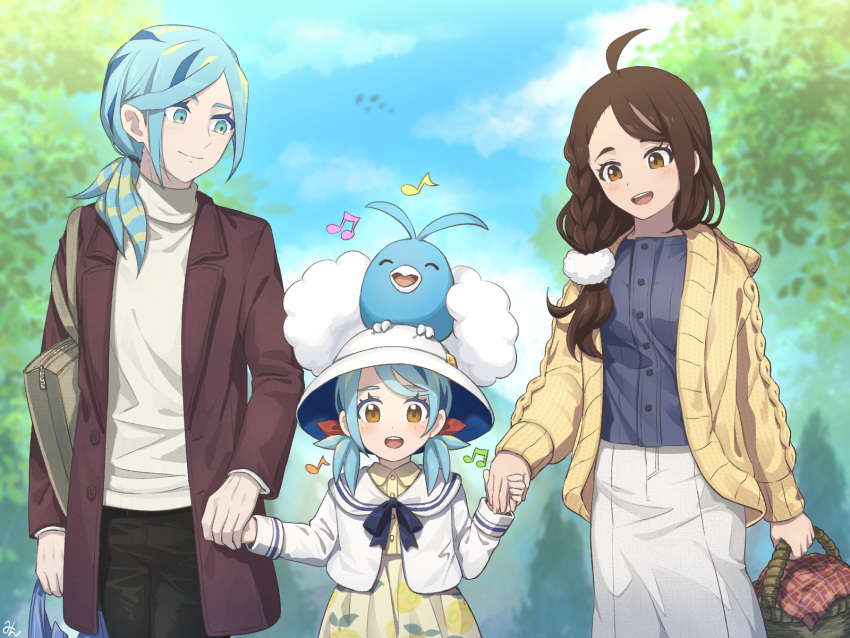 1boy, 2girls, :d, aged_up, ahoge, basket, blurry, blurry_background