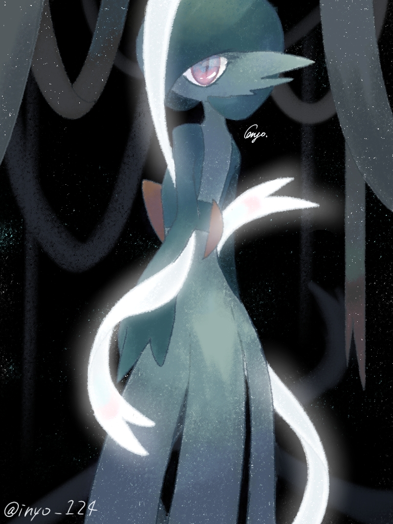 1girl, arms_at_sides, artist_name, back, black_background, bob_cut, colored_skin, commentary_request, dark, flat_chest, from_behind, gardevoir, glowing, green_hair, green_skin, hair_over_one_eye, inyo_124, looking_at_viewer, looking_back, multicolored_skin, one_eye_covered, pokemon, pokemon_(creature), red_eyes, ribbon, short_hair, signature, solo_focus, standing, sylveon, twitter_username, two-tone_skin, white_ribbon, white_skin