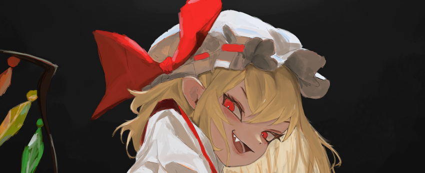1girl, black_blackground, blonde_hair, crystal, fang, flandre_scarlet, from_below, hat, highres, looking_at_viewer, medium_hair, mob_cap, open_mouth, red_eyes, red_ribbon, ribbon, simple_background, solo, touhou, zealh233