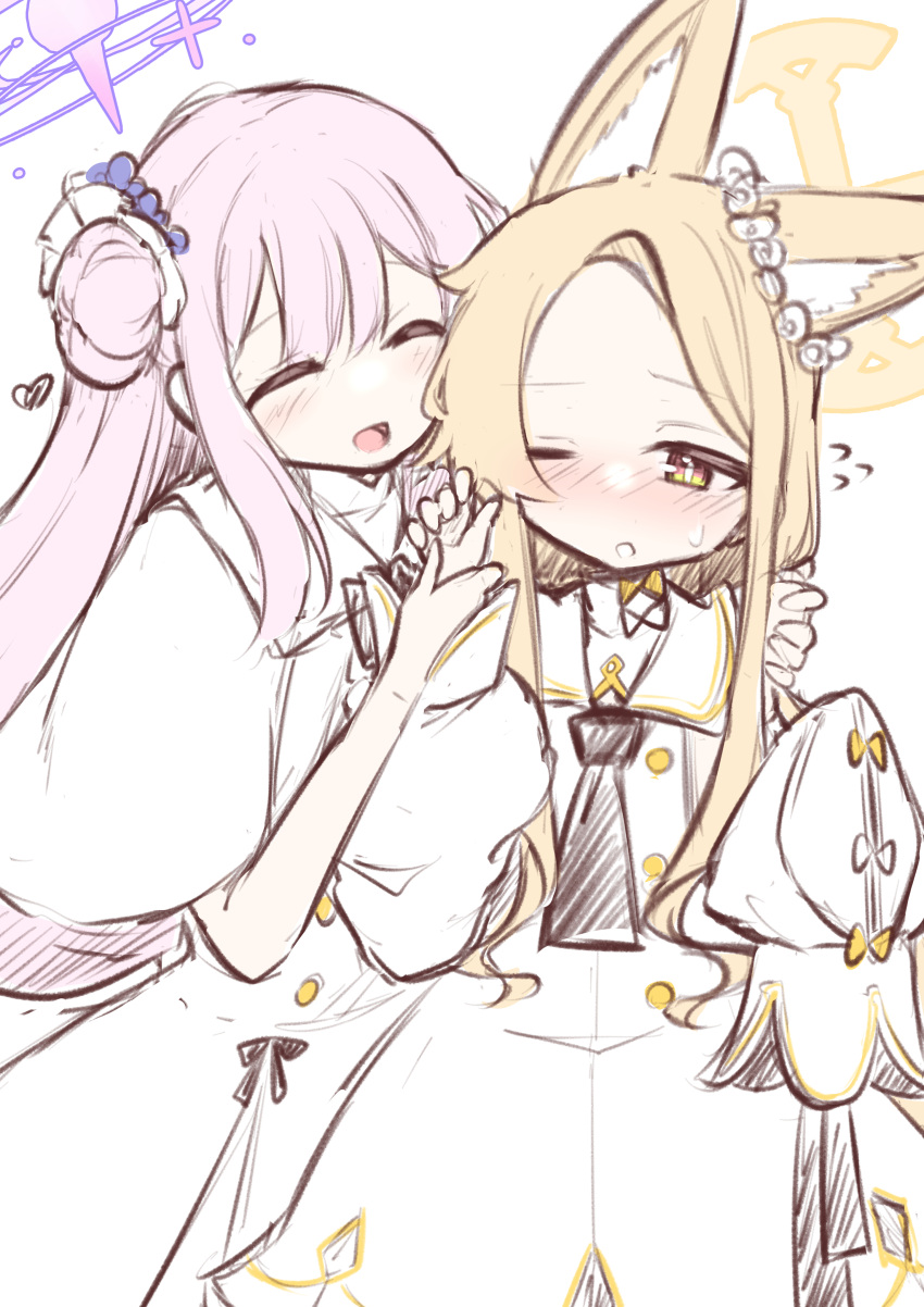 2girls, absurdres, animal_ears, blonde_hair, blue_archive, blush, bow, bright_pupils