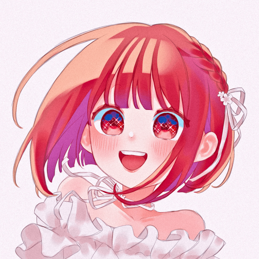 arima_kana, blush, bob_cut, dress, hair_ribbon, highres, inverted_bob, looking_at_viewer, myon27xx, open_mouth, oshi_no_ko, red_eyes, redhead, ribbon, short_hair, simple_background, smile, solo, upper_body, white_background, white_dress