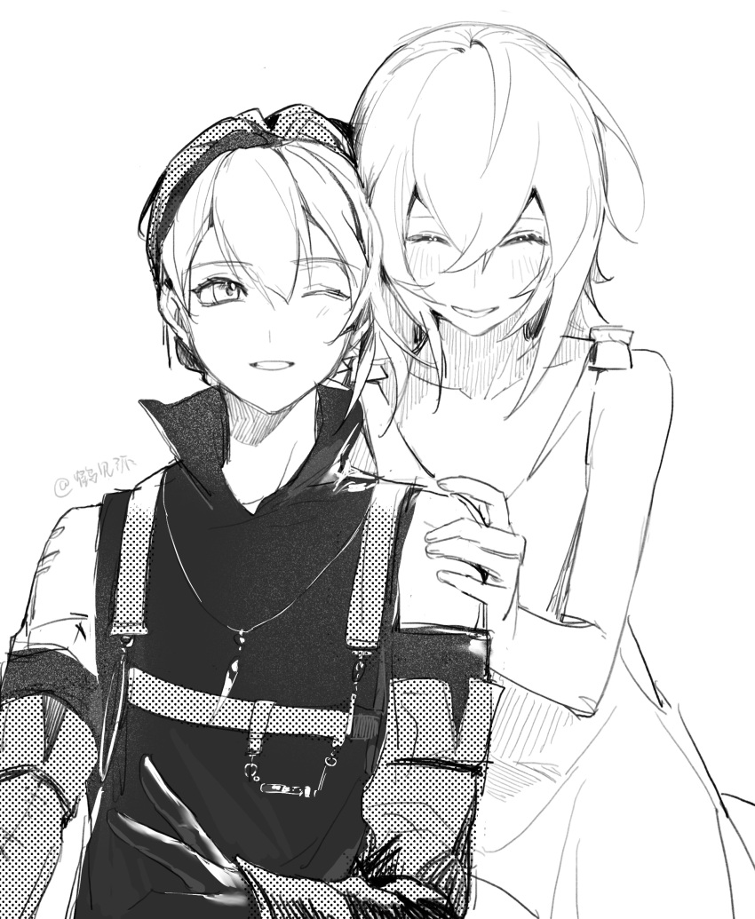 1boy, 1girl, absurdres, age_difference, bare_arms, blush, brother_and_sister, chinese_commentary, closed_eyes, commentary_request, dress, elbow_gloves, gloves, greyscale, hand_on_another's_shoulder, headband, heads_together, highres, hug, hug_from_behind, jewelry, long_dress, long_hair, looking_at_another, monochrome, necklace, nier, nier_(series), nier_(young), one_eye_closed, partial_commentary, rudooo, short_hair, siblings, sideless_dress, signature, sketch, sleeveless, sleeveless_dress, smile, straight-on, tabard, tooth_necklace, yonah