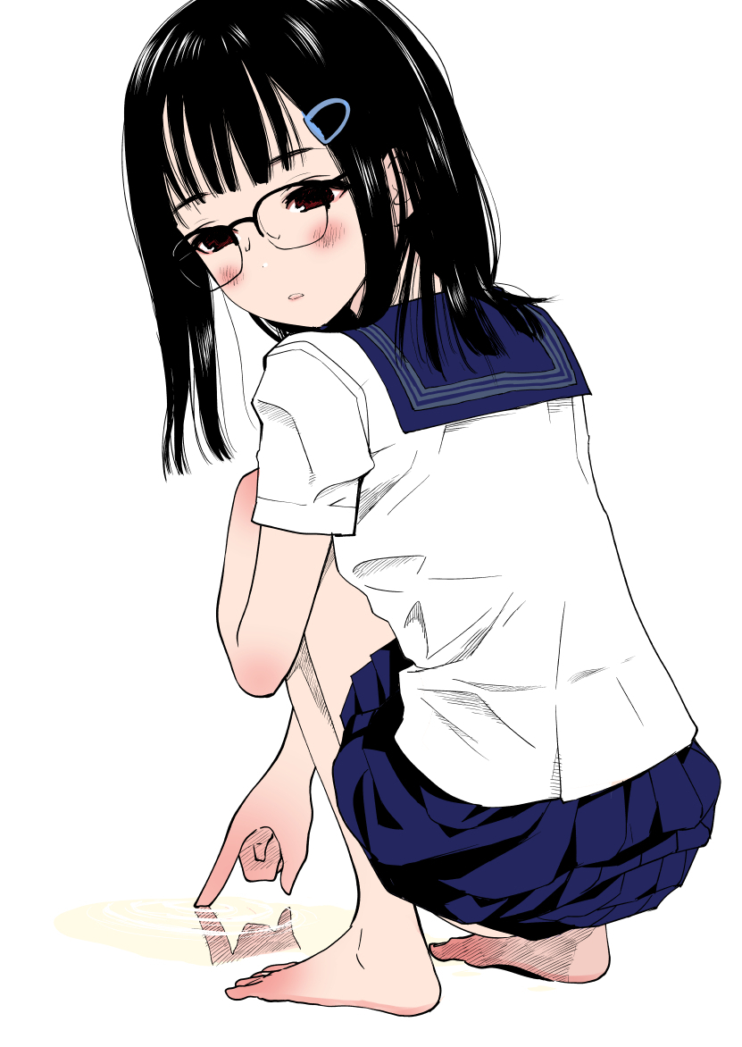 1girl, barefoot, black_hair, blush, foot_blush, frills, glasses, hanamizawa_q-tarou, original, school_uniform, serafuku, simple_background, solo, toes, white_background