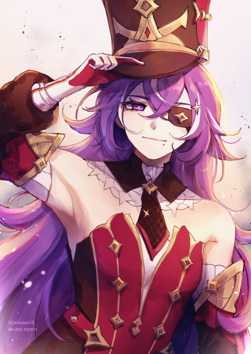 1girl, absurdres, adjusting_clothes, adjusting_headwear, arisaaa16, arm_up, armpits, bare_shoulders