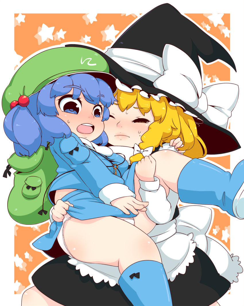 bag, blonde_hair, blue_hair, blush, carrying, embarrassed, heavy, highres
